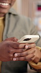 Text message, happy and hands in office with phone, online communication and post reaction on break. Digital, typing and man with laugh, chat notification and social media comment on virtual platform