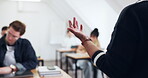Education, hand and lecturer with students in classroom, lesson or notes for exam preparation. People, writing and academic growth with tech in college, knowledge and listening to professor and learn