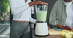 Hands, smoothie or women with blender for health, nutrition preparation or talk in family home. Adult daughter, senior mother or green juice for organic diet, wellness lifestyle or laugh in kitchen