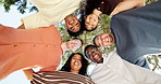 Support, students and huddle with friends outdoor for campus synergy, cooperation and smile. Face, people and group embrace in circle for diversity, academic community and happy with low angle