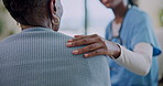 Nurse, hand and old woman in home with support for conversation, kindness or healthcare empathy. People, shoulder touch and caregiver with patient comfort, medical news or encouragement in retirement