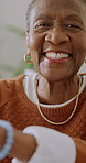 Face, black woman and retirement at house with walking stick, arthritis and aid for rehabilitation. Portrait, smile or senior person with disability, muscle injury and physical therapy from parkinson