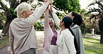 Happy, women and high five in park with personal trainer, motivation and applause for fitness goals. Coach, mature people and celebration outdoor with wellness, exercise group and clap for community.