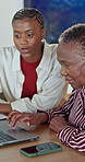 Family, digital literacy and old woman with laptop in home, learning and conversation with daughter. Tech, education and happy black people in house, typing and senior mother with skill development