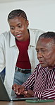 Family, advice and old woman with laptop in house, digital literacy and conversation with daughter. Tech, education and happy black people in home, flare and senior mother with skill development