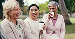 Bonding, laugh and friends in park with coffee, funny chat and happy moment in healthy relationship. Smile, drink and mature women with hangout, joke reaction and connection with outdoor gossip.