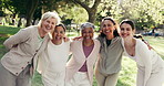 Face, women and hug in park with personal trainer, laugh together and support for fitness community. Happy, coach and mature people outdoor in nature with embrace, exercise or yoga club for wellness.