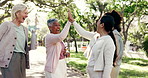 Happy, friends and high five in park with fitness goals, trust and support for yoga class together. Excited, mature women and celebration outdoor with wellness, holistic health and exercise club.