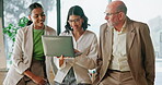 Real estate, manager or team in home with laptop, buyer inquiry or feedback on house valuation. Flare, people and realtor staff with tech, listing review or collaboration with property evaluation.