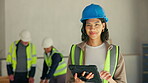Woman, face and engineer at worksite with tablet, project management and review plans for renovation. Electrician, tech or happy at site for building development, maintenance schedule or about us
