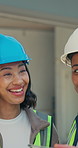 Engineer, team and happy women with tablet, construction and plan for renovation project and online. Civil engineering, discussion and people with supervisor, laugh and property development with tech