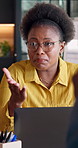 Woman, discussion and meeting with laptop in office for performance management, review or analytics. Female person, analyst or conversation with team for company tasks, ideas or project analysis
