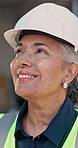 Happy, supervisor and woman at construction site with inspection, thinking and engineering project. Engineer, mature person and smile outdoor with vision, PPE and impressed by property development.