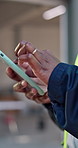 Construction, texting or hands on site with phone, task brief or inspection report in digital chat. Contact, woman or engineer with space, project schedule or industrial coordination in communication