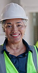 Construction, face and supervisor with hardhat, site manager and pride as compliance surveyor. Happy, confidence and mature woman with helmet, safety officer and about us in building development.