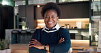 Face, happy woman and arms crossed in office for business, creative career and styling expertise. Designer, black person and smile for project management, client services or interior decor confidence