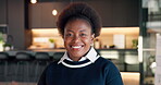 Face, woman and happy in office for business pride, creative career or about us as styling expert. Designer, black person or smile for project management, client services or interior decor confidence