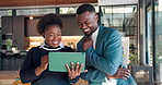 Happy, team and interior designer in house with tablet, planning and funny discussion for renovation. Creative, black people and property design joke with tech, laugh and chat for remodeling project.