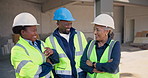 Architect, people and laughing with team on construction site for funny joke, humor or discussion. Happy, group or civil engineer with smile or comedy for architecture project or development together
