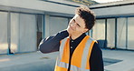 Engineer, massage and neck pain at site for construction, sprain and burnout of project injury. Man, discomfort and inflammation at worksite with arthritis, poor posture and incident of architecture