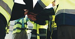 Stack, happy and construction team with hands together for progress, building development or flare. Clap, men and woman as engineer, electrician and supervisor for motivation, solidarity or low angle