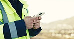 Hands, engineer and phone for online communication, construction or building development feedback. Technology, internet connection and worker with space for typing update, site rules or search on app