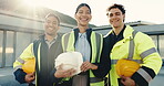 Face, team and happy with helmet for construction workforce, property renovation and site leader. People, supervisor and workers with PPE for remodeling collaboration, building development and pride
