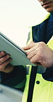Engineer, scroll and hands with tablet, outdoor and planning for property development with research. Civil engineering, construction and person with tech,  browsing and info for renovation project