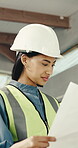 Construction, inspection and woman with blueprint, site evaluation and progress track in renovation. Design, ppe and supervisor with document, operation monitoring or floor plan review for remodeling