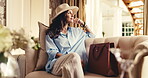 Travel, smile and woman in hotel with thinking, trip reflection and calm moment on summer holiday. Relax, nostalgia and mature person with daydreaming, peaceful perspective or mindfulness on vacation