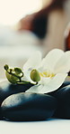 Spa, empty and towel with hot stones, flower and scent for aromatherapy, skincare or wellness. Pamper, background and orchid with heat therapy, holistic healing or stress relief for massage treatment