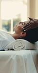 Relax, head or woman in spa with massage, comfortable rest or soothing benefits in wellness center. Tranquil, masseuse or mature person with space, peaceful dreaming or tension release at retreat.