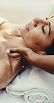 Relax, oil or woman in spa with body massage, comfortable rest or soothing benefits at resort. Tranquil, masseuse or mature person with space, peaceful dreaming or tension release in wellness center.