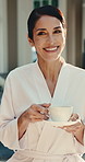 Spa, discussion and happy woman with coffee, vacation and laughing with warm beverage and chilling. Resort, guest and mature person with tea, listening and funny chat with drink on holiday and break