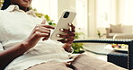 Hotel, holiday and hands with phone, scroll and communication with contact on social media and chat. Browsing, message and person with mobile on vacation, internet connection and networking on web
