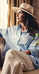 Thinking, chill or woman in hotel with smile, positive mindset or trip memory on summer vacation. Happy, relax or mature person with nostalgia, holiday reflection or peaceful perspective on getaway.