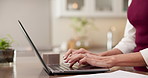 Hands, typing and woman with laptop for remote work, online report and review for copywriting. Freelancer, wfh and person on computer with research, planning and internet for website article in home