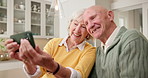Senior, kitchen and happy couple with selfie for photography, capture moment or weekend memory. Elderly, man and woman with smile or app for holiday bonding, retirement or picture together in house