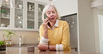 Phone call, upset and senior woman in kitchen for conversation, network issue or connection. Retirement, home and elderly person on cellphone for chat, contact and complaint to service provider