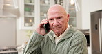 Phone call, upset and senior man in home for conversation, network issue and connection problem. Retirement, talking and elderly person on cellphone for chat, contact or complaint to service provider