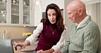 Woman, senior and laptop with financial advisor in home for retirement plan, discussion or option. Female person, elderly man and talking with computer for finance advice or asset management in house
