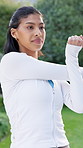 Fitness, stretch or woman outdoor with start, arm mobility or injury prevention in physical activity. Ready, begin or person with preparing, shoulder warm up or muscle improvement in backyard session