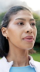 Woman, breathe and meditation in nature for yoga, holistic balance and spiritual healing with chakra. Thinking, female person or exhale outdoor for inner peace, fresh air and technique of mindfulness