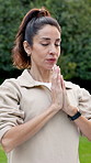 Woman, breathing and meditation in nature for yoga, holistic balance and spiritual healing for zen. Mature person, exhale and namaste outdoor for inner peace, fresh air and technique for mindfulness