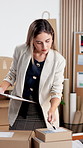 Woman, clipboard and startup in office with box, dispatch order and stock availability for shipping. Smile, entrepreneur and package in workplace with checklist, supply chain and delivery information