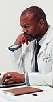Doctor, thinking or black man with laptop for medical research, study or development in office. Male person, contemplation or healthcare worker with computer for health results or discovery in clinic