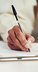Hands, signature or senior person with document for retirement fund, application form or information. Elderly client, pen and writing on form for registration, financial security and insurance policy