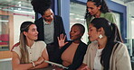 Digital, review or team in office with tablet, industry research or discussion on audience growth. Meeting, women or creative advisor with tech, market trends or consumer insight for brand awareness.