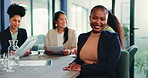 Happy, face and woman in boardroom with meeting, marketing consultant and about us in PR office. Portrait, team and branding specialist with confidence, campaign planner and career in communications.