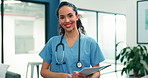 Nurse, face or happy woman with tablet in hospital for medical study, results or research Portrait, female person or smile with technology for healthcare schedule, advice or treatment in clinic